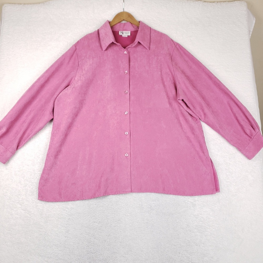 Maggie Sweet Pink Faux Suede Button Down Shirt Plus Size 3X Made in USA Vintage